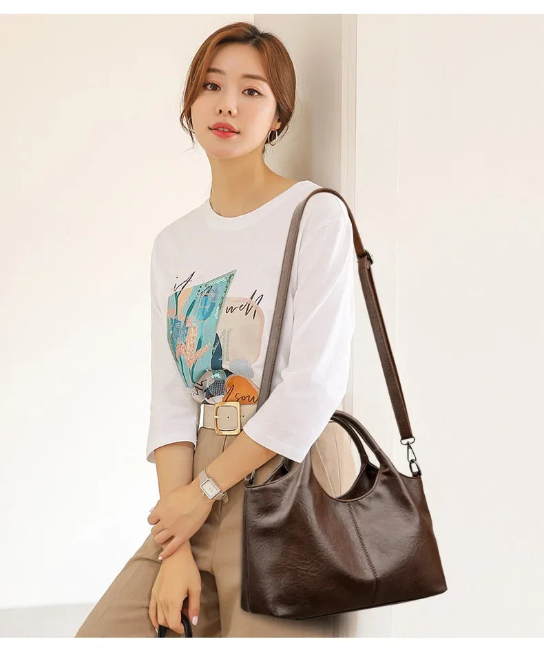 Fashionable Pure Color Basket Handbag Women's Commuter Bag Soft PU Leather Vintage Style Single Shoulder Bag with Internal Zipper