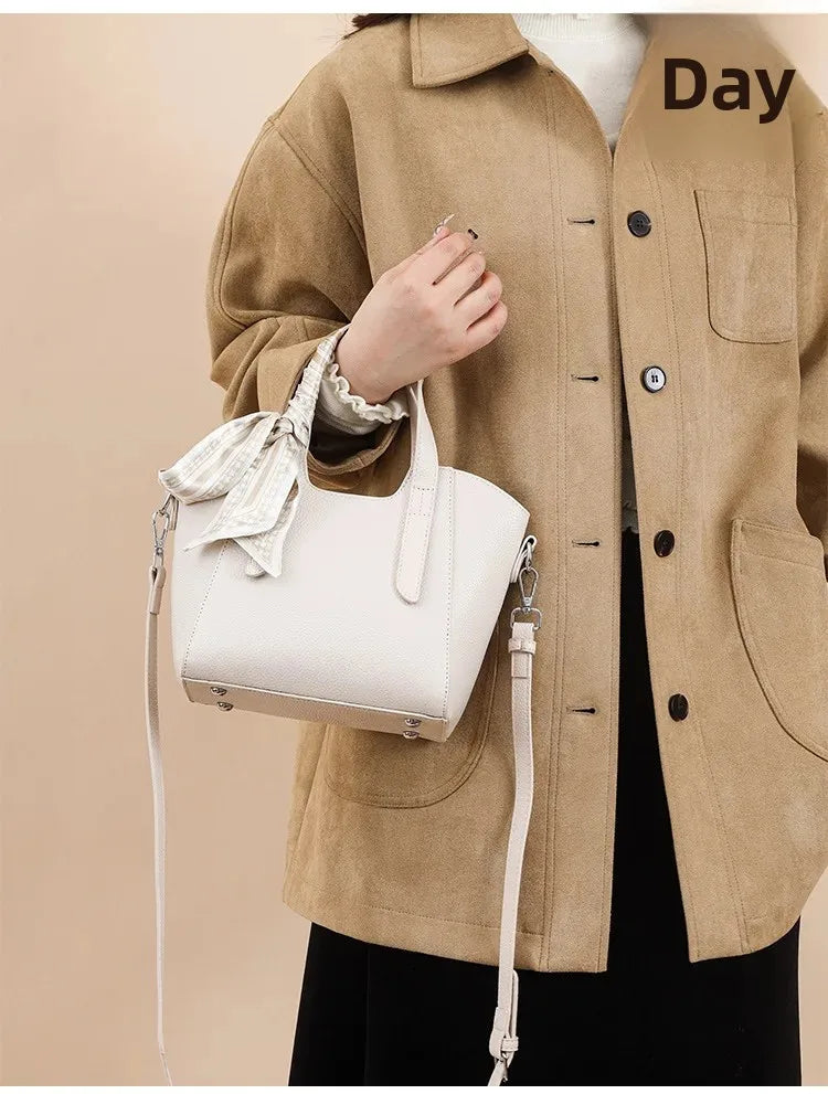 Pure Leather Cowhide Single Shoulder Crossbody Bag Ladies Handbag Fashion Bucket Bag Simple Basket Comes with Scarf