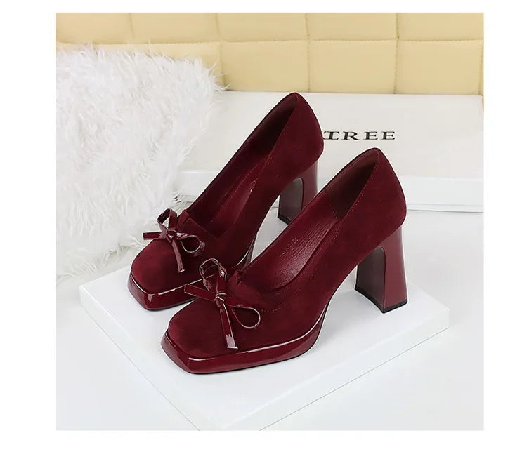 Chunky Block Heels Women Pumps Bow Decoration High Heels Square Headed Platform High Heels Suede Ladies Shoes