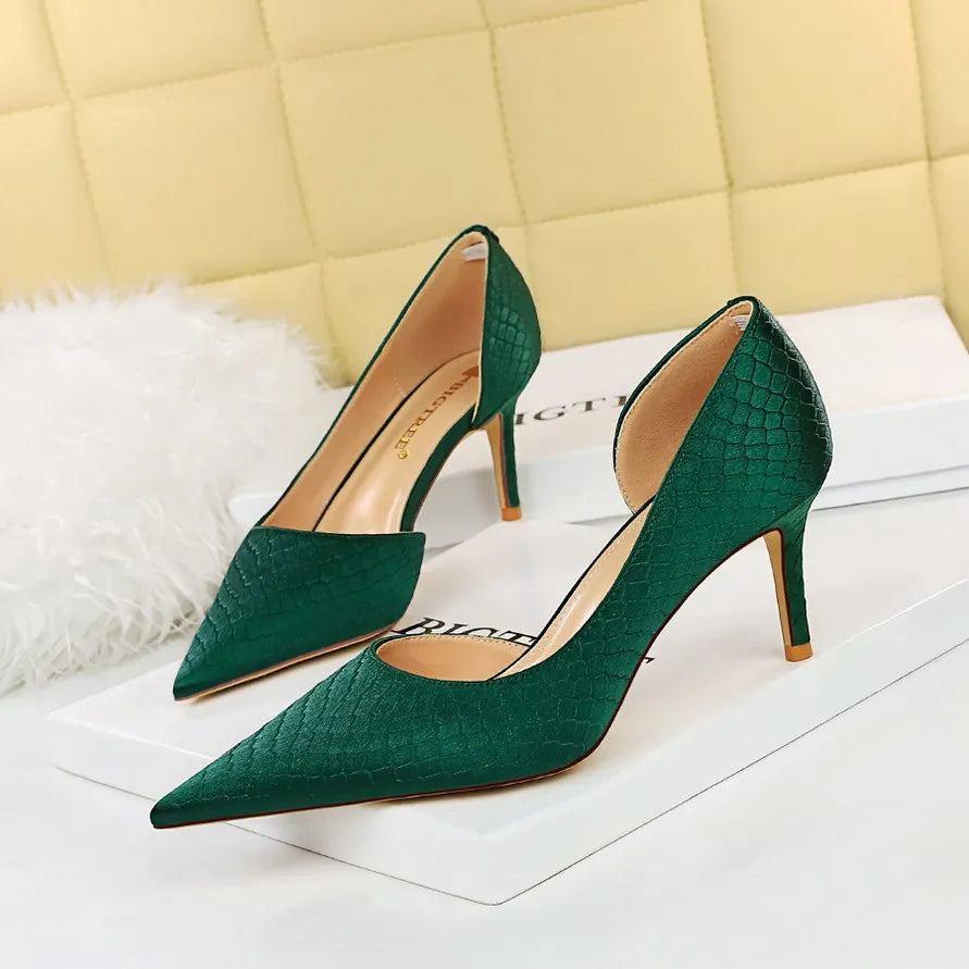 Shoes Woman Pumps Pointed Toe Shallow High Heels Snakeskin Satin Thin Heel Sandals Stiletto Party Shoes