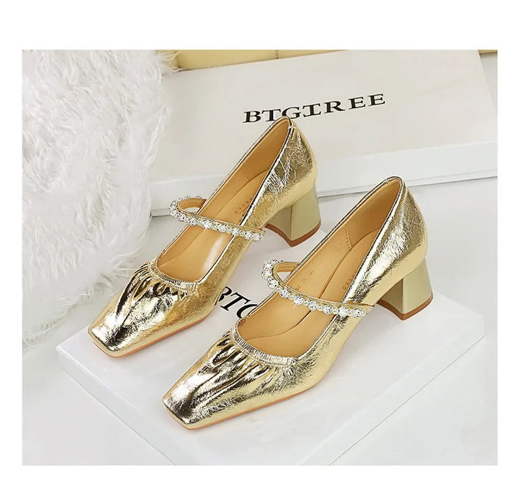 Heels Women Fashion CRYSTAL Pearl Pumps Square Toe Stripper Elegant Party Square Heel Ladies Shoes