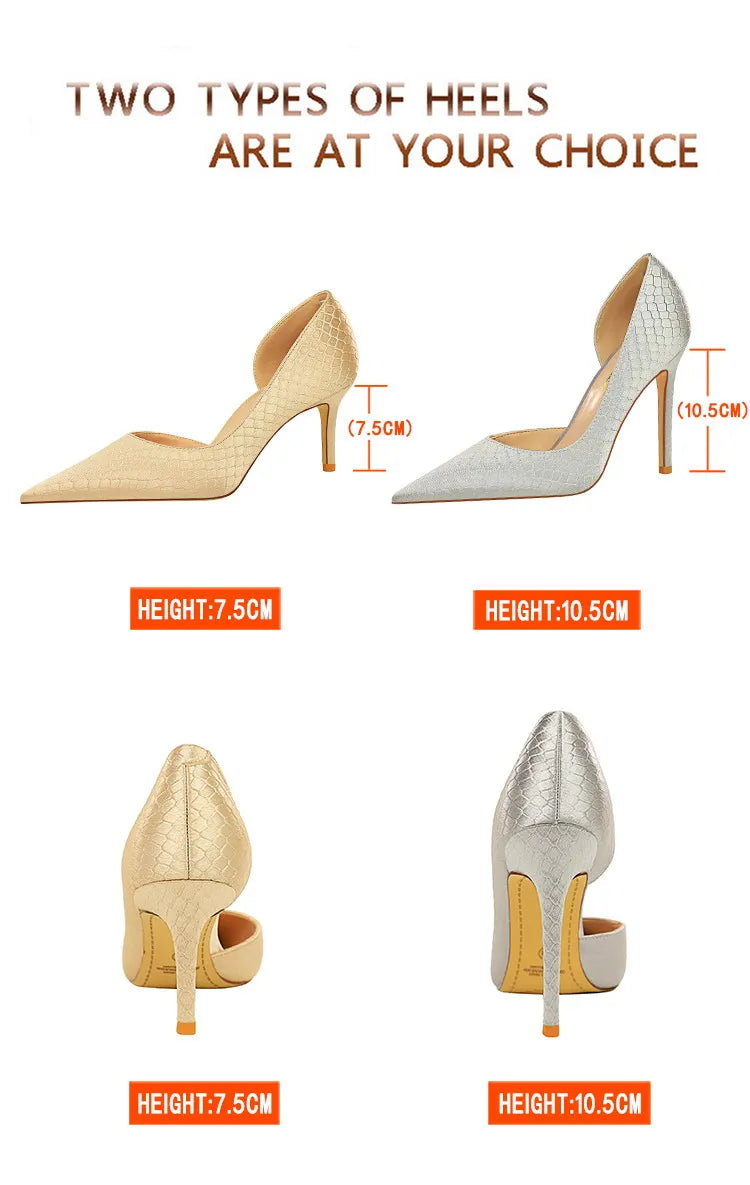 Shoes Woman Pumps Pointed Toe Shallow High Heels Snakeskin Satin Thin Heel Sandals Stiletto Party Shoes