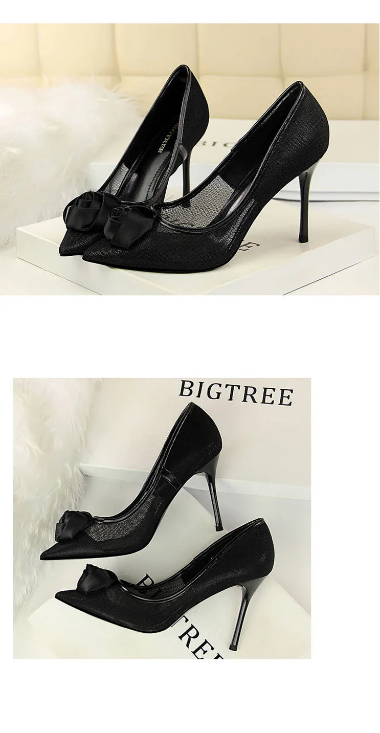 Women's Sexy Nightclub Pole Dancing Show Thin Heels High Mesh Hollowed Out Satin Rose Flower Woman Pumps