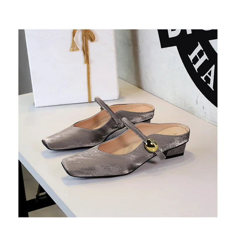 European Style Light-Mouthed Half-Slippers Women Wearing Thick Heels And Square-Toe Mary Jane Shoes One-Strap