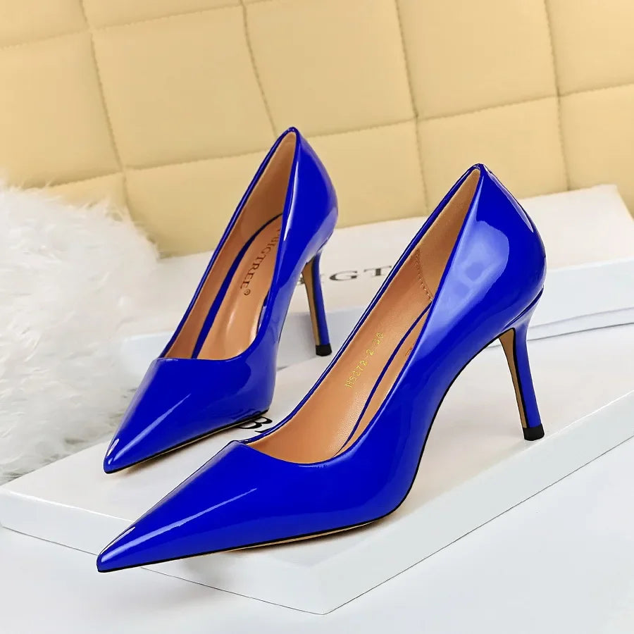 Women High Heels Scar pins Pumps Lady Glossy Leather Fetish Wedding Bridal Mid Low Heels Office Shoes
