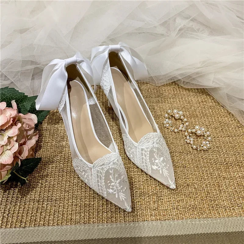 French wedding shoes, lace bridesmaid shoes, white pointed high heels, women's slim heels, bride's shoes