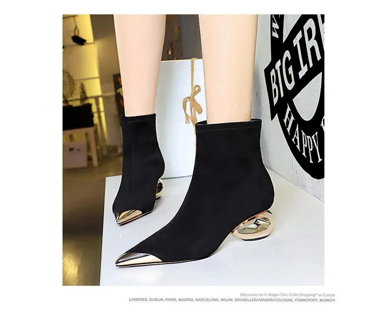 Street Style Fur Metal Hollow Heel Modern Faux Suede Short Boots for Women Metal Pointed Toe Low Heel Boots Female
