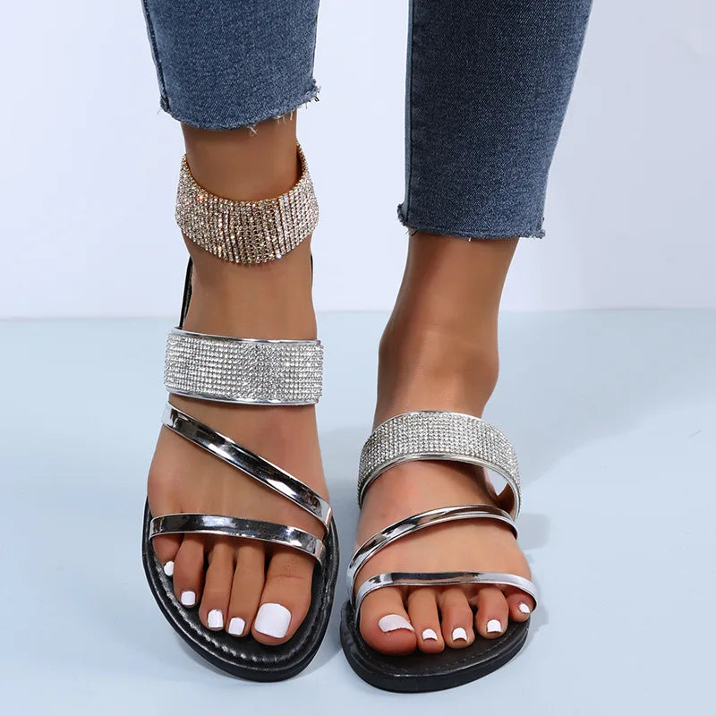 Women's Fashion Patent Leather Flat Heel Sandals Bling Rhinestone Narrow Band Beach Casual Slippers
