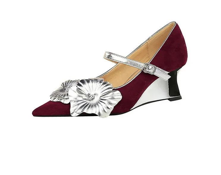 Metal Wedges 6 cm Women Pumps Flower Design High Heels Suede Sexy Party Shoes Buckle Ladies Shoes Women Wedges