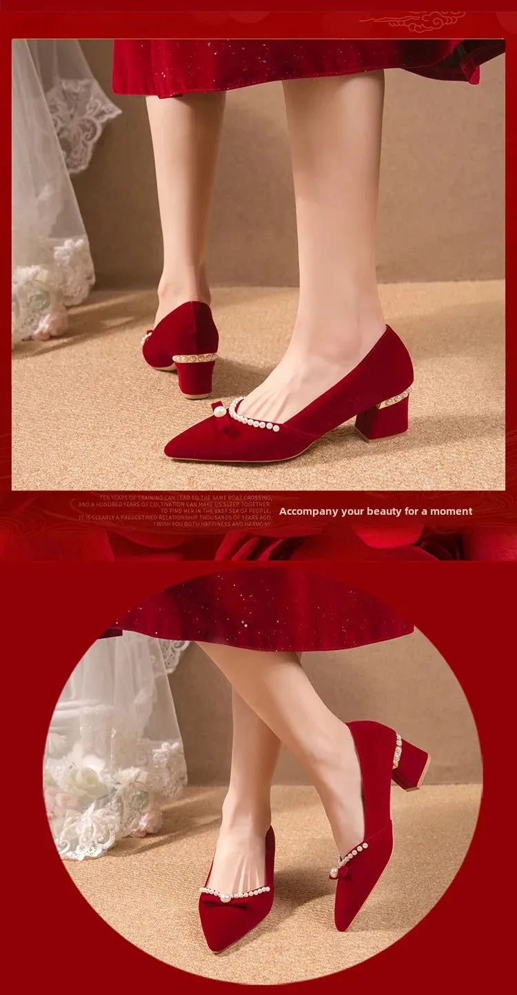 Women's Chunky Heel Pointed Toe Slip-On Shoes Wedding Dress Two-Way Wear Pearl Red Bridal Shoes Spring Autumn New Style