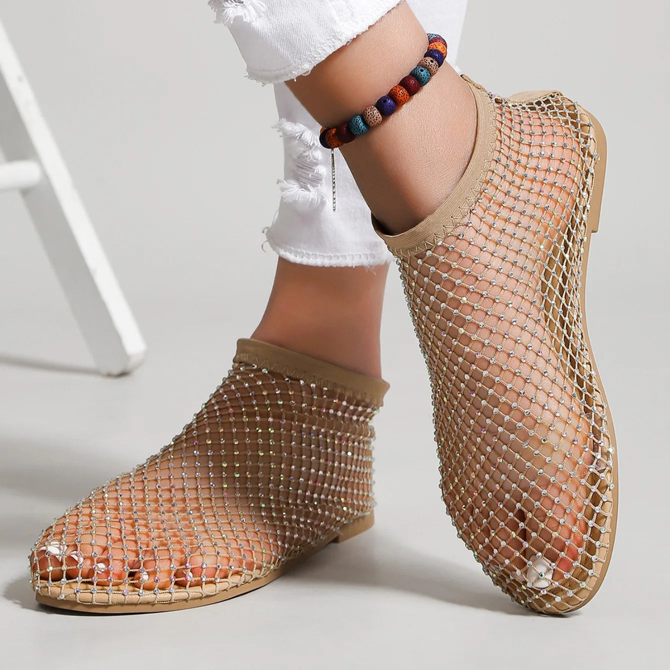 Women's Round Toe Flat Bottom Sandals Hollow Short Boots Water Diamond Sexy Flats Bottom Shoes Luxury Shoes Women