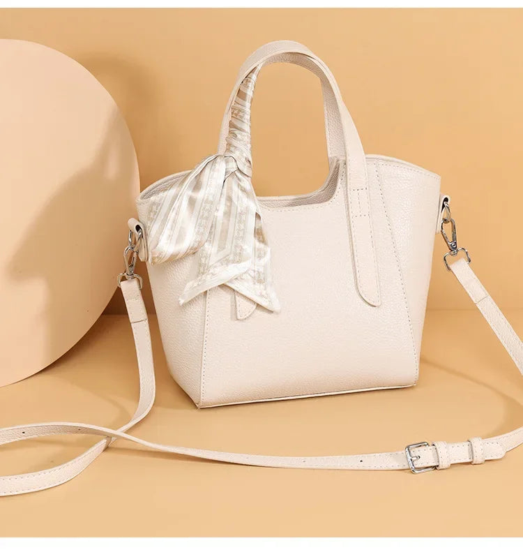 Pure Leather Cowhide Single Shoulder Crossbody Bag Ladies Handbag Fashion Bucket Bag Simple Basket Comes with Scarf