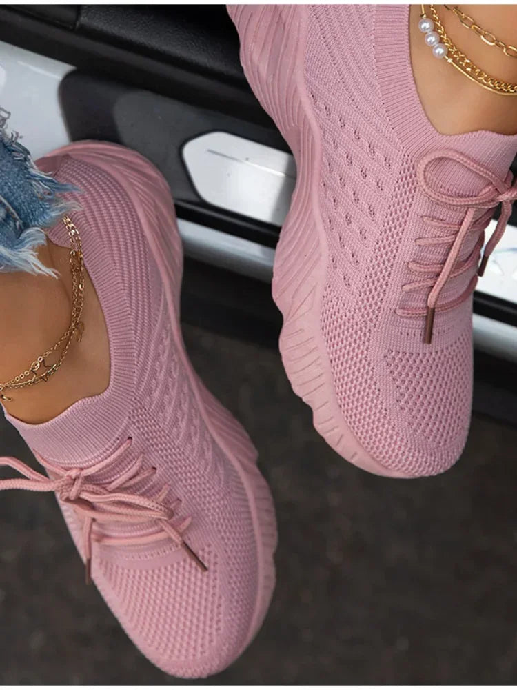 Outdoor Breathable Mesh Shoes Women Lightweight Shock-absorbing Sports Shoes Solid Color Plus Size Women Vulcanized Shoes