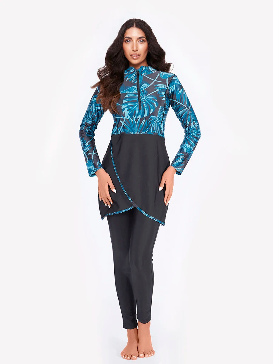 Muslim Swimwear Women Modest Patchwork Hijab Long Sleeves Sport Swimsuit 3pcs Islamic Burkinis Wear Bathing Suit