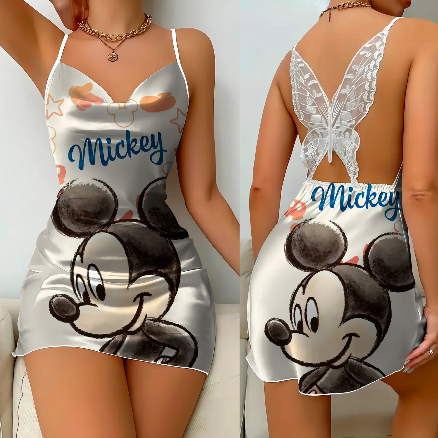 Mini Dress Pajama Skirt Bow Knot Party Dresses Satin Surface Minnie Mouse Disney Mickey Women Fashion Summer Elegant Women