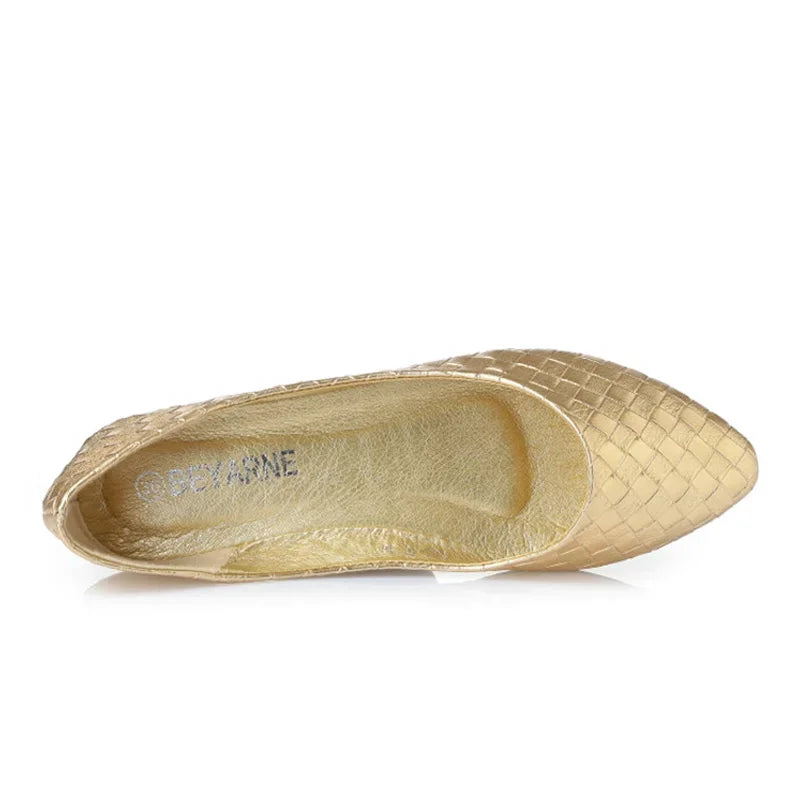 Ladies Ballet Flats Weaving Gold Silver Shoes Pointed Toe Breathable Slip-Ons Summer