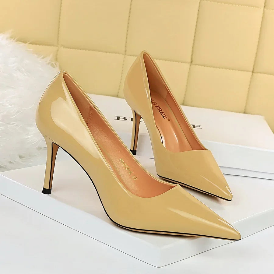 Women High Heels Scar pins Pumps Lady Glossy Leather Fetish Wedding Bridal Mid Low Heels Office Shoes