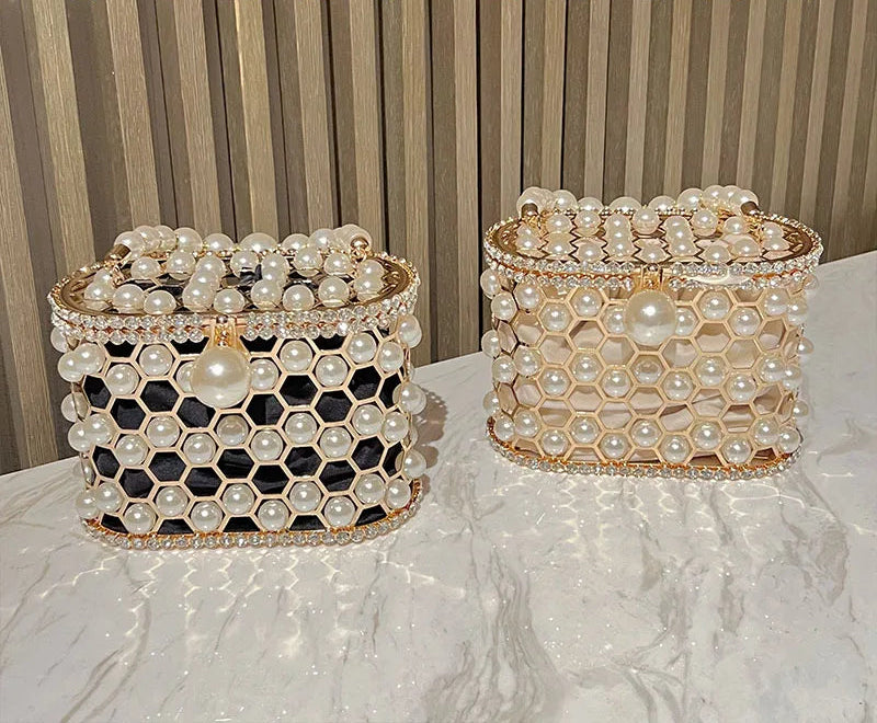 Luxury Pearl Beaded Metal Cage Hollow Out Women Handbag Rhinestones Diamond Evening Bag Wedding Party Clutch Purse Crossbody Bag