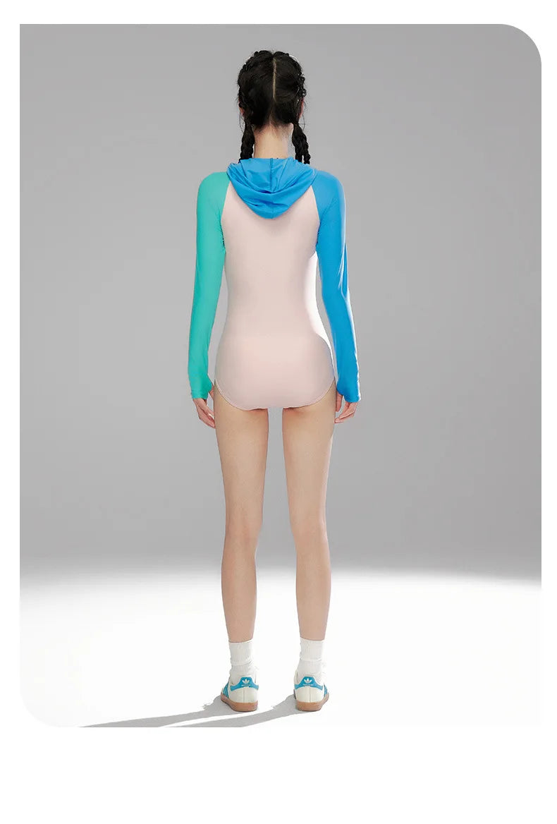 Women Long Sleeve Water Sports Outdoor Bathing Push Up Swim Wear Hooded Female Front Zipper Beach Athletic Surfing Swim Suit