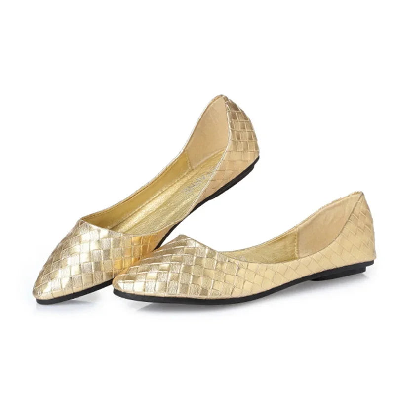Ladies Ballet Flats Weaving Gold Silver Shoes Pointed Toe Breathable Slip-Ons Summer