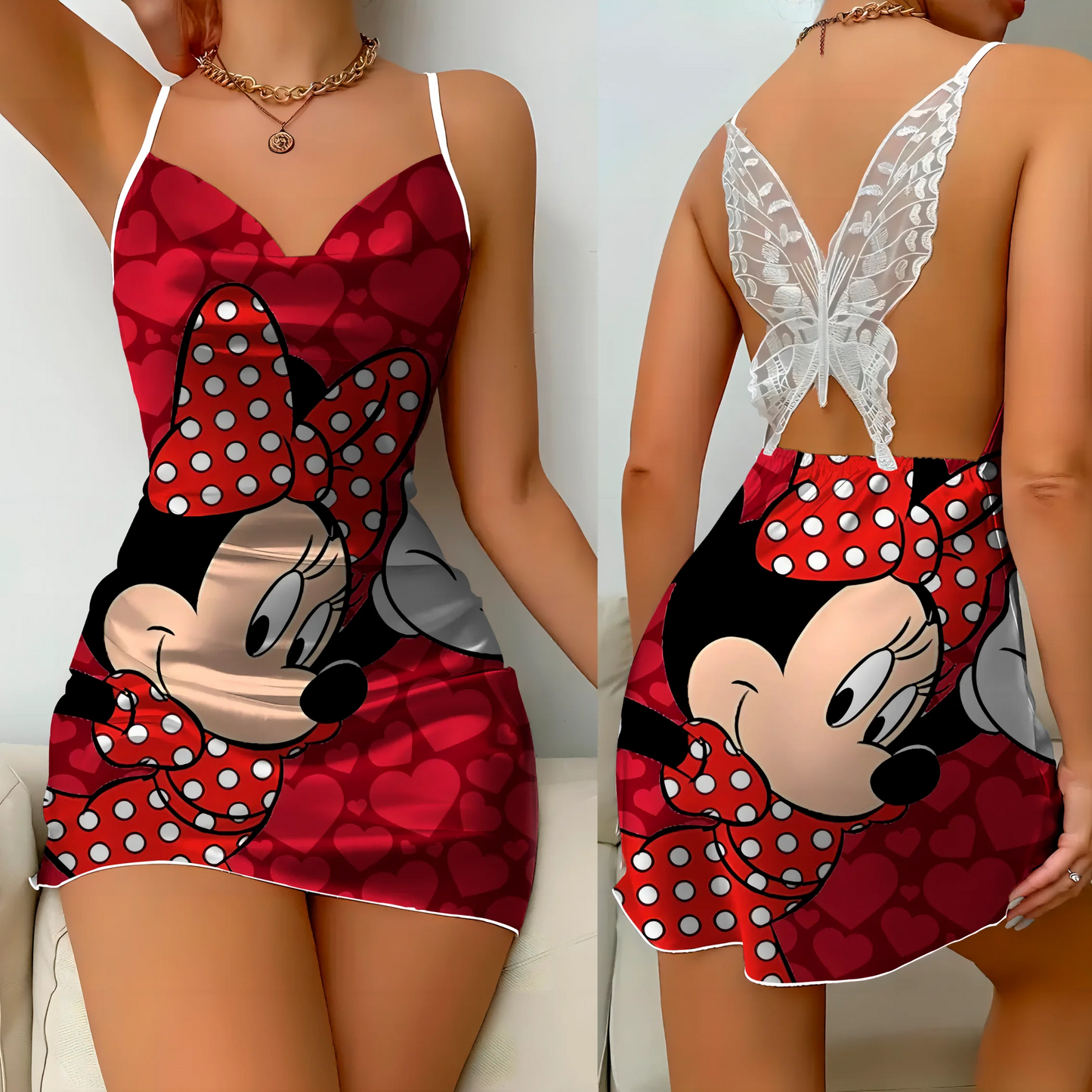 Mini Dress Pajama Skirt Bow Knot Party Dresses Satin Surface Minnie Mouse Disney Mickey Women Fashion Summer Elegant Women