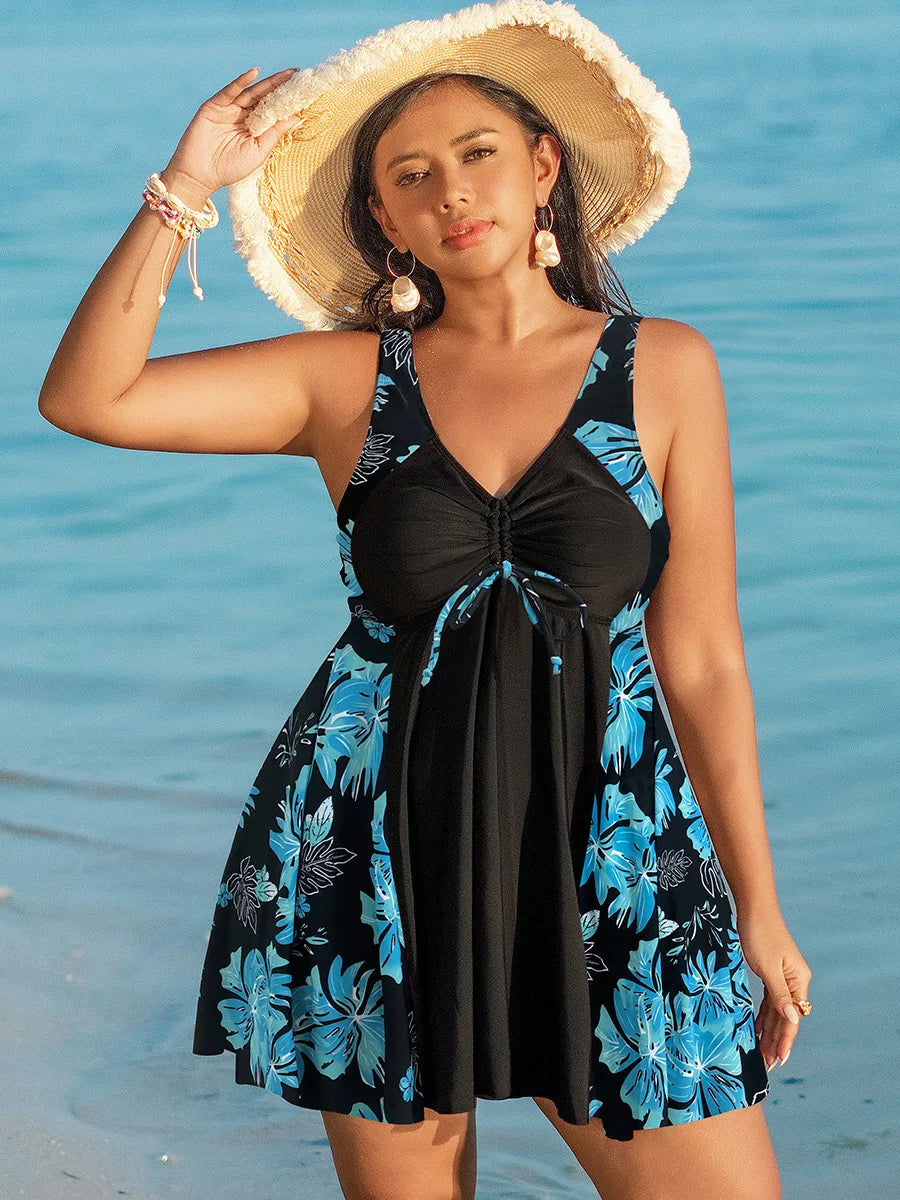 Oversize Bikini for Women Print Patchwork Dress Split Swimsuit V-neck Suspender Backless Beach Vacation Swimwear Summer