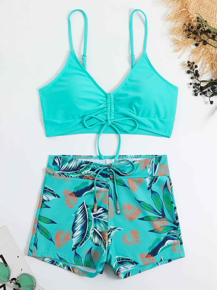 Tie Dye Bikini Drawstring Swimsuit Women High Waist Shorts Swimwear Female Padded Bathing Suit Swimming Beachwear Summer
