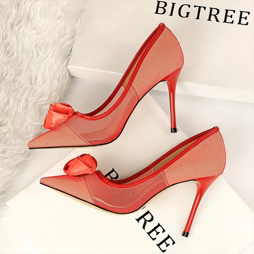 Women's Sexy Nightclub Pole Dancing Show Thin Heels High Mesh Hollowed Out Satin Rose Flower Woman Pumps