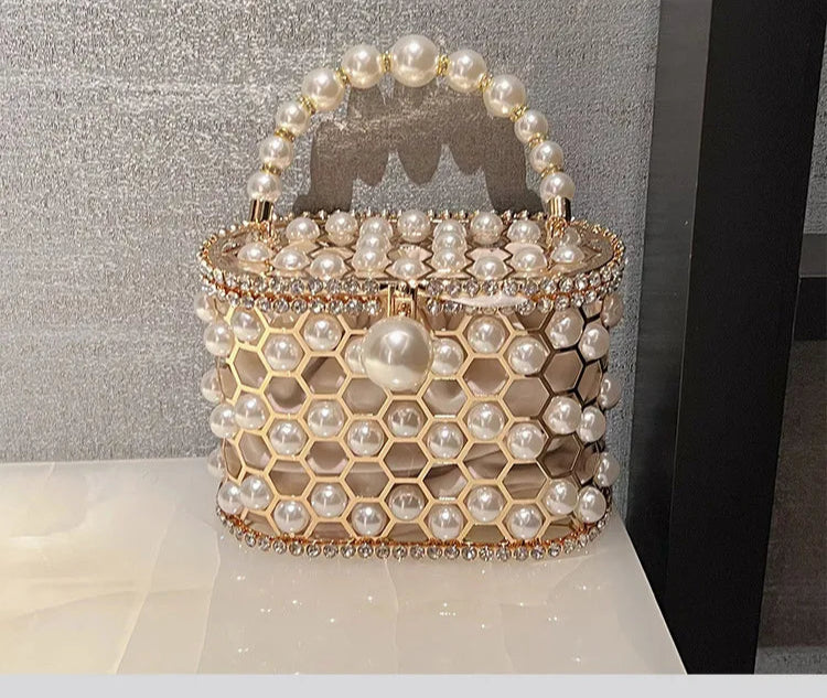 Luxury Pearl Beaded Metal Cage Hollow Out Women Handbag Rhinestones Diamond Evening Bag Wedding Party Clutch Purse Crossbody Bag