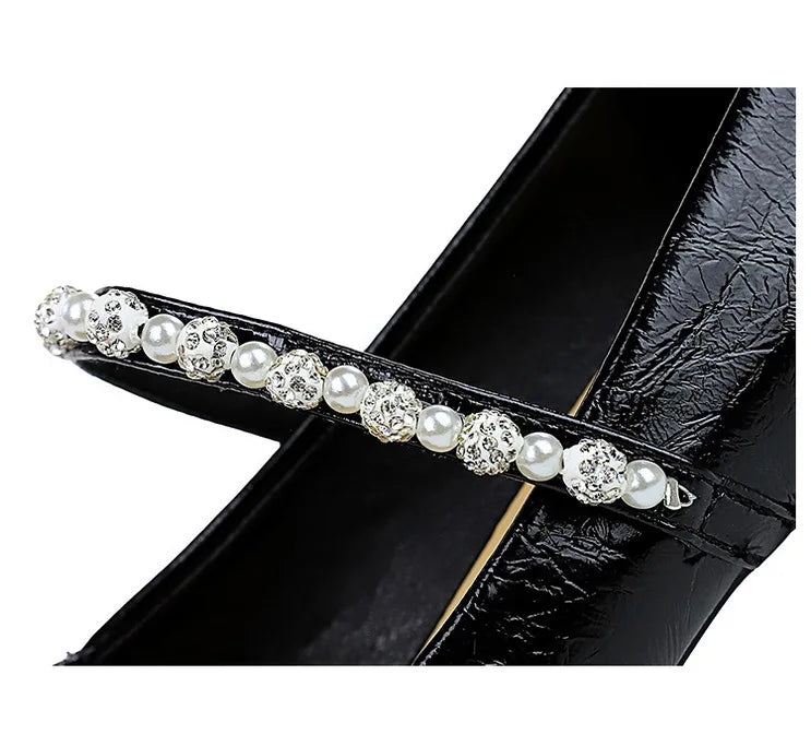 Heels Women Fashion CRYSTAL Pearl Pumps Square Toe Stripper Elegant Party Square Heel Ladies Shoes