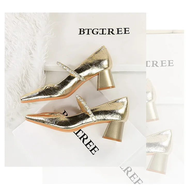 Heels Women Fashion CRYSTAL Pearl Pumps Square Toe Stripper Elegant Party Square Heel Ladies Shoes