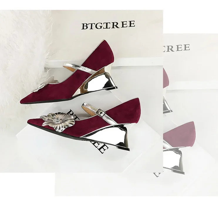 Metal Wedges 6 cm Women Pumps Flower Design High Heels Suede Sexy Party Shoes Buckle Ladies Shoes Women Wedges