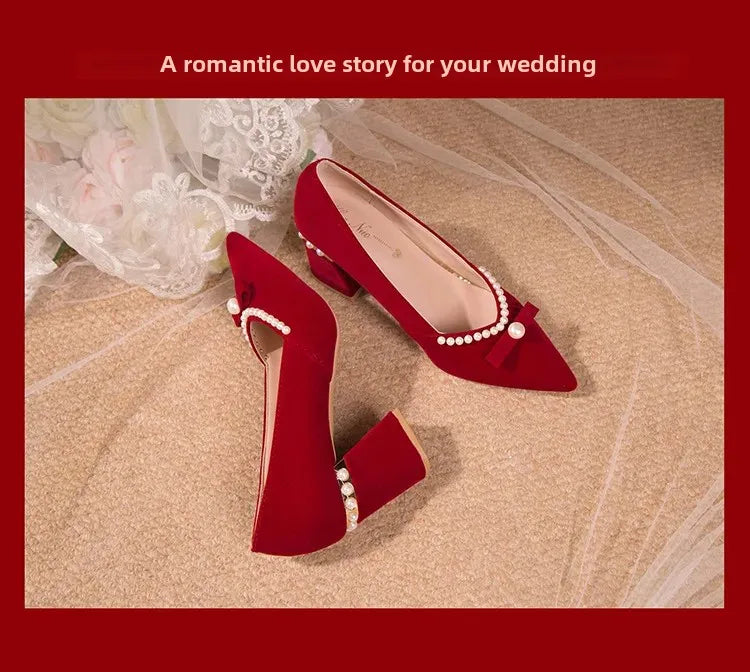 Women's Chunky Heel Pointed Toe Slip-On Shoes Wedding Dress Two-Way Wear Pearl Red Bridal Shoes Spring Autumn New Style