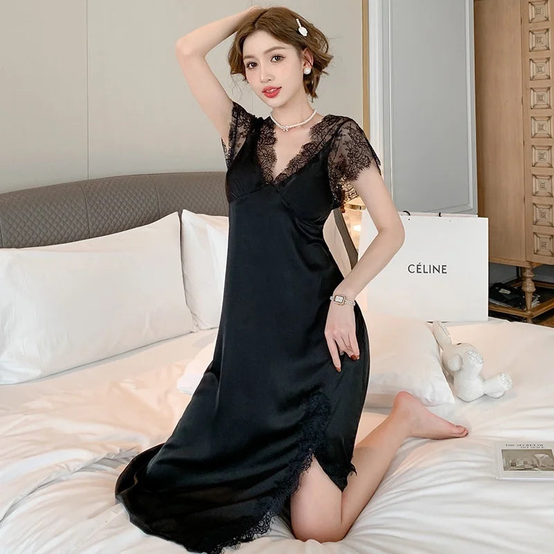 Sexy Lace Nightdress Women's French Split Short Sleeve Nightwear Household Sleepwear