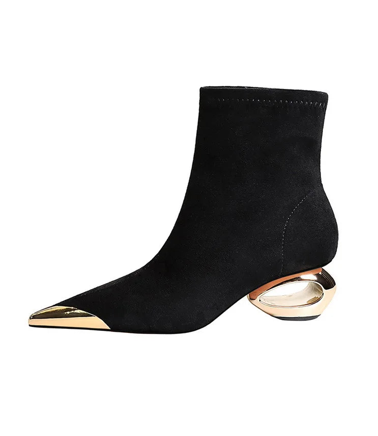 Street Style Fur Metal Hollow Heel Modern Faux Suede Short Boots for Women Metal Pointed Toe Low Heel Boots Female