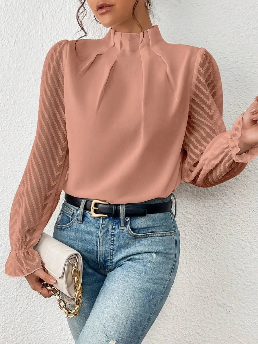 Elegant Blouse White Women's Shirt 2024 New Half High Neck Spliced Wave Pattern Chiffon Long sleeved Top Office Lady Natalia Home Fashion coralline-XL Natalia Home Fashion