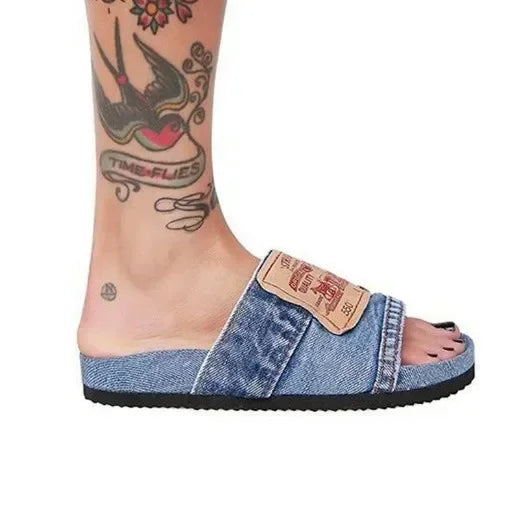 Women's Shoes Summer Shoes Women's Slippers Outdoor Solid Color Denim Open Toe Low Heel Large Size Casual Slippers