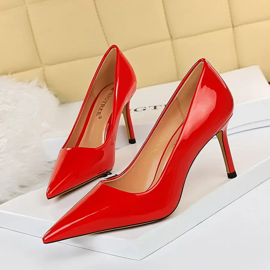 Women High Heels Scar pins Pumps Lady Glossy Leather Fetish Wedding Bridal Mid Low Heels Office Shoes