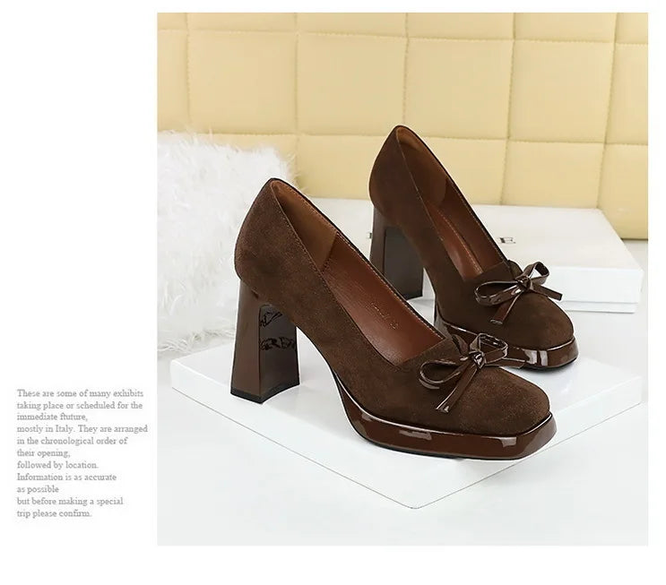 Chunky Block Heels Women Pumps Bow Decoration High Heels Square Headed Platform High Heels Suede Ladies Shoes