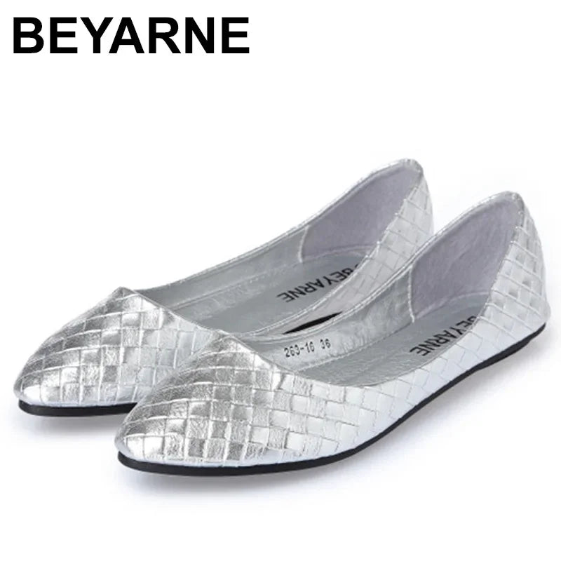 Ladies Ballet Flats Weaving Gold Silver Shoes Pointed Toe Breathable Slip-Ons Summer