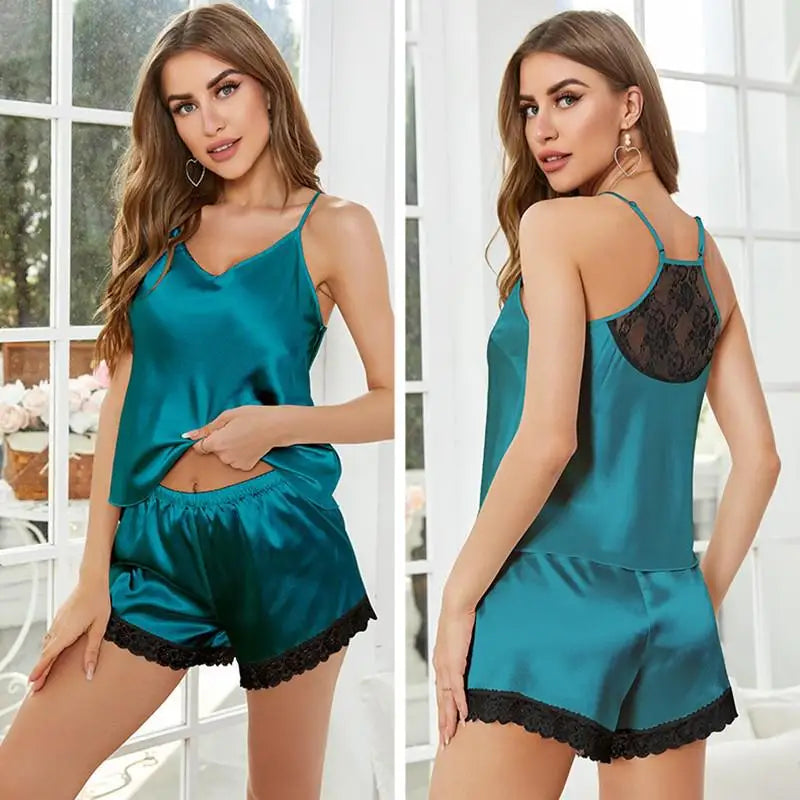 2Pcs Pajamas Sleep Set Home Clothes Women Sexy Lace Strap shorts Pajamas Suit Satin Sleepwear Nightwear Loungewear