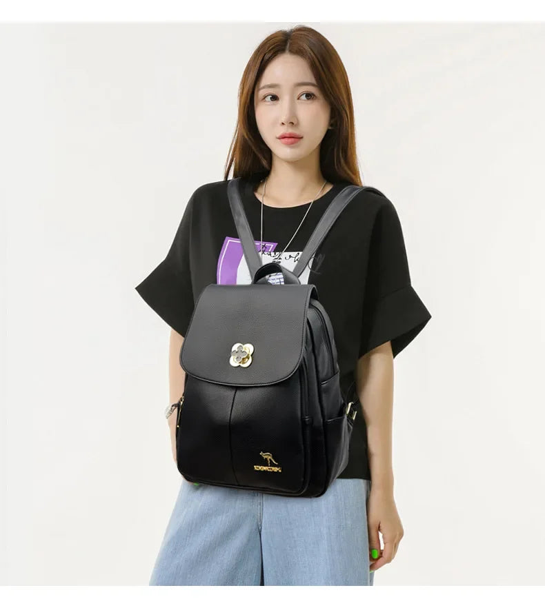 Soft Leather Dual-Shoulder Bag Student Backpack Travel Versatile Women's Bag