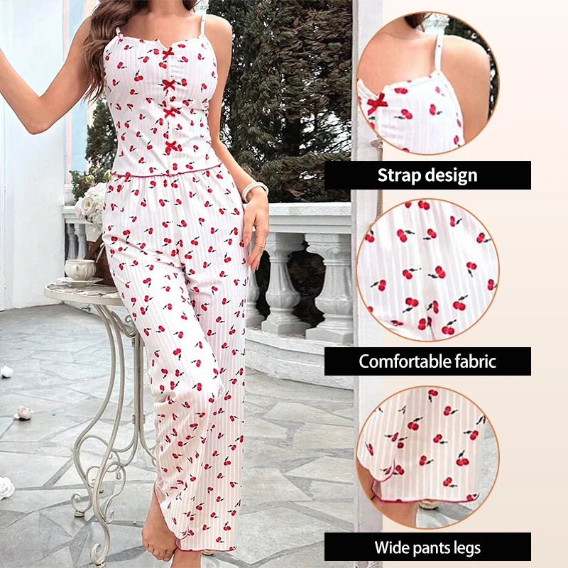Women's 2-piece printed sleepwear semi transparent mesh casual printed vest elastic waist pants summer transparent mesh Pajama Suit