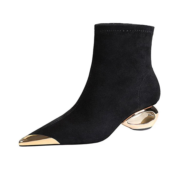 Street Style Fur Metal Hollow Heel Modern Faux Suede Short Boots for Women Metal Pointed Toe Low Heel Boots Female