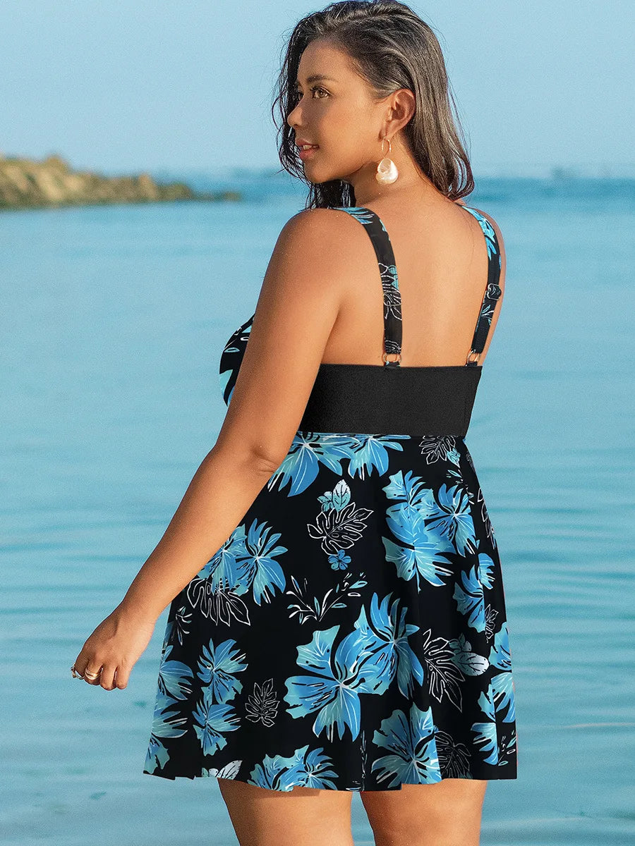 Oversize Bikini for Women Print Patchwork Dress Split Swimsuit V-neck Suspender Backless Beach Vacation Swimwear Summer