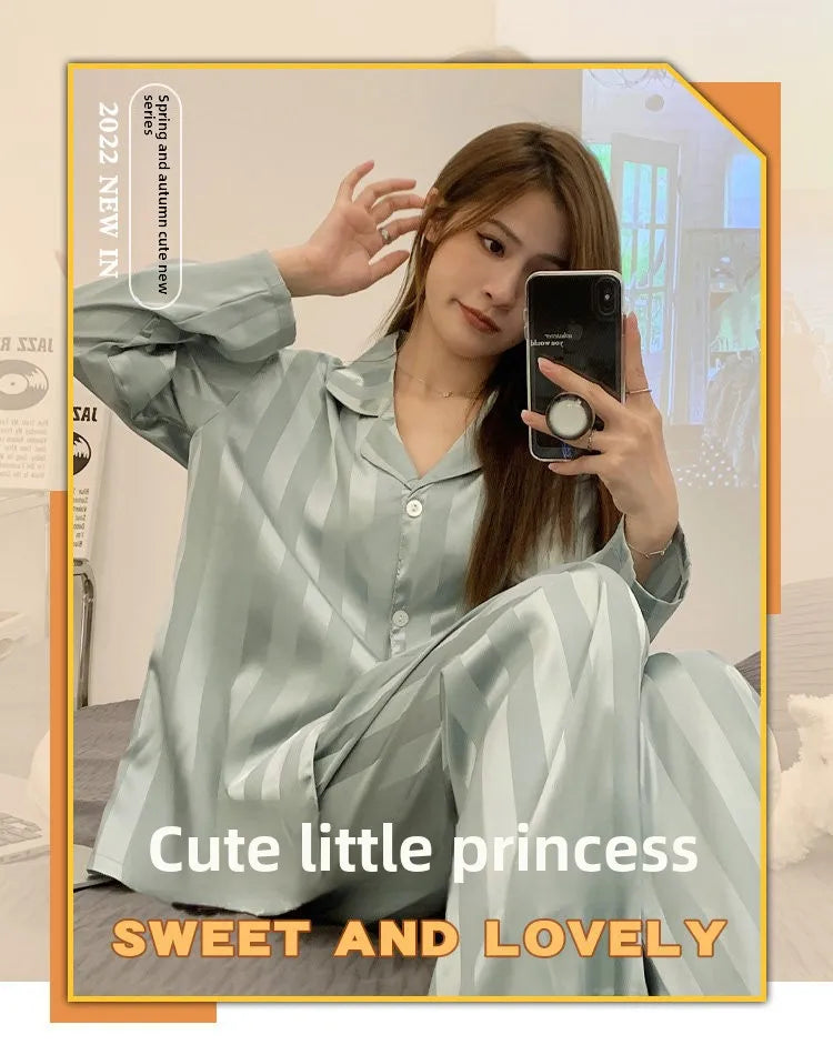 Striped Satin Pajamas Women Jacquard Loungewear Long Sleeve Trousers Two-Piece Set Solid Color Roll-Neck Cardigan Sleepwear