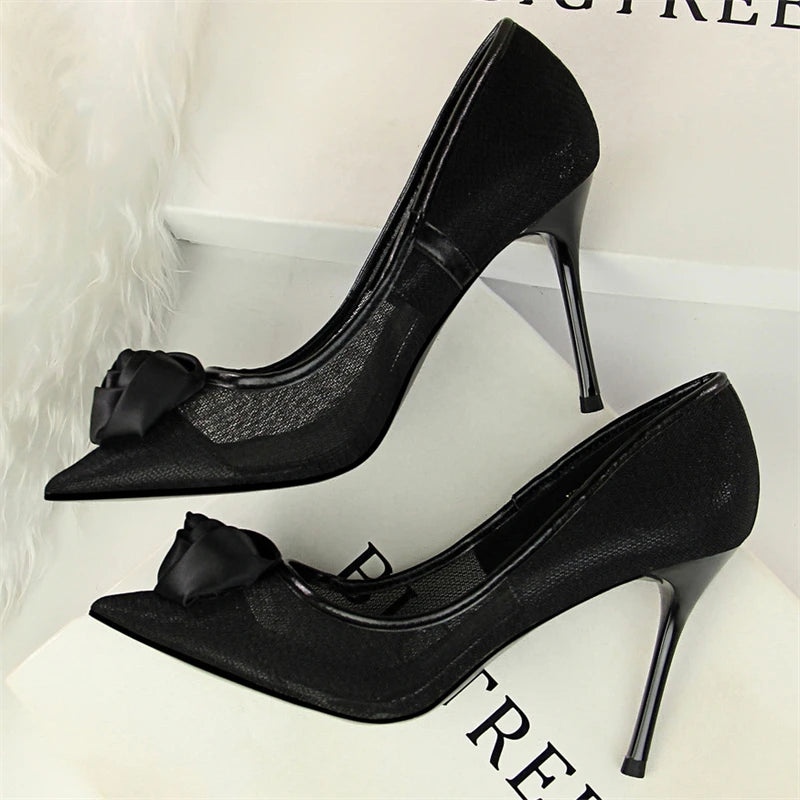 Women's Sexy Nightclub Pole Dancing Show Thin Heels High Mesh Hollowed Out Satin Rose Flower Woman Pumps
