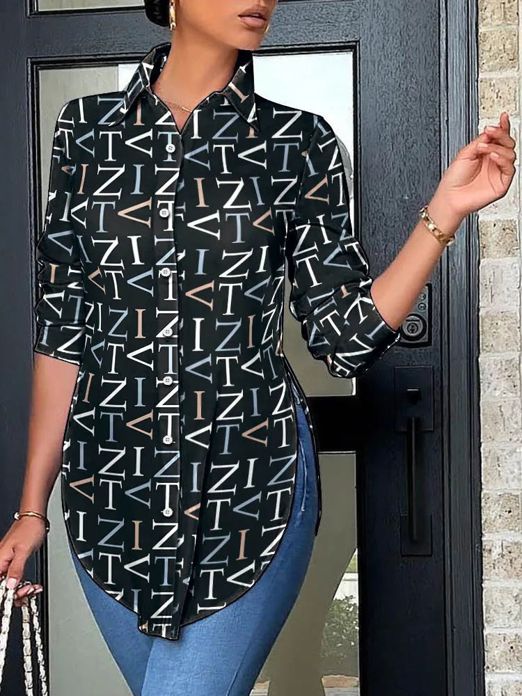 Fashion Print Button Shirts Top For Women 2022 Autumn Long Sleeves Casual Office Elegant Lady Slim Shirt Clothes Irregular Tops Natalia Home Fashion letter-M Natalia Home Fashion