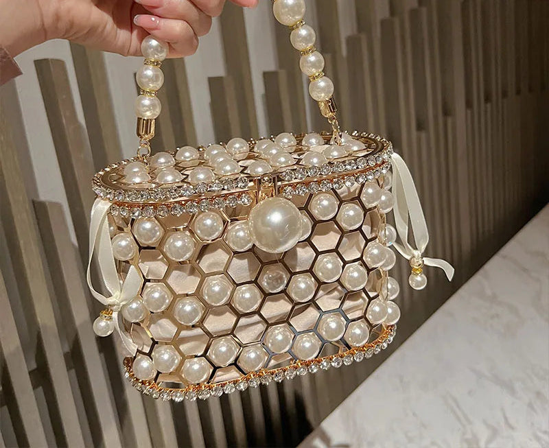 Luxury Pearl Beaded Metal Cage Hollow Out Women Handbag Rhinestones Diamond Evening Bag Wedding Party Clutch Purse Crossbody Bag