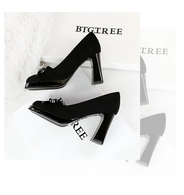Chunky Block Heels Women Pumps Bow Decoration High Heels Square Headed Platform High Heels Suede Ladies Shoes